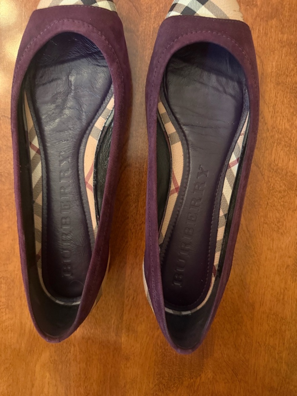 Burberry Plum Suede Ballet Flats with Check Trim